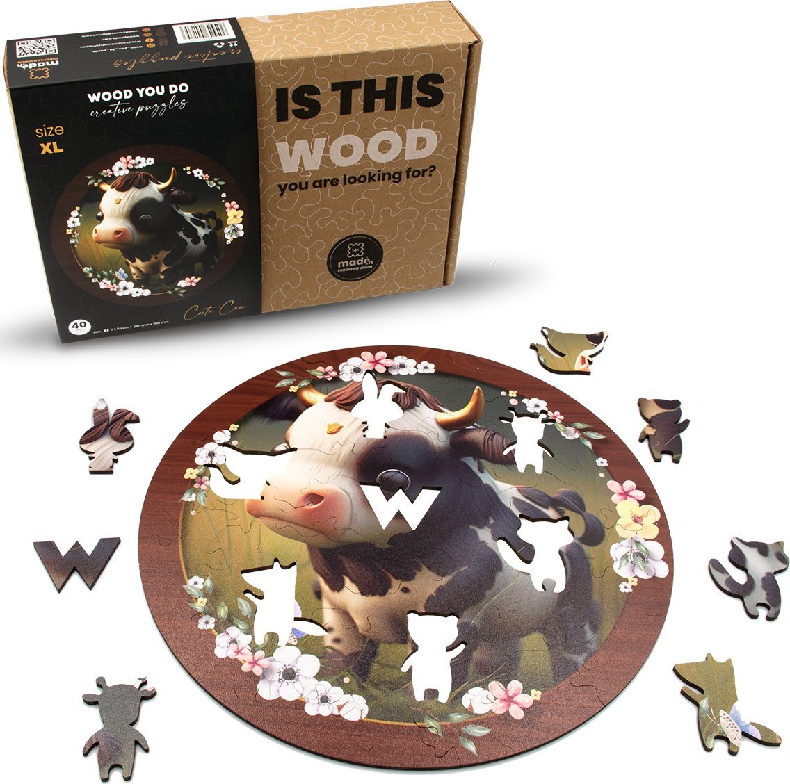 WOOD YOU DO Puzzle drewniane Krówka | Cow | 40 elementów | XL