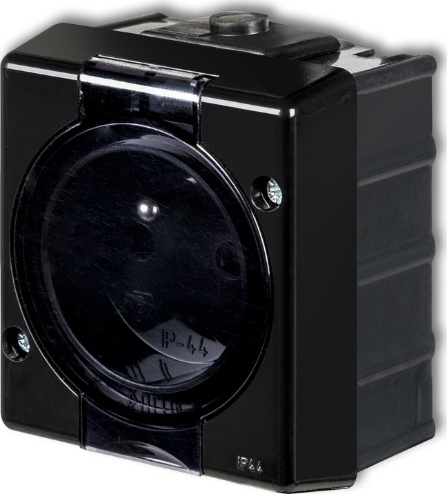 Karlik SENIOR Gniazdo pojedyncze z uziemieniem 2P+Z (klapka dymna) czarny 12GHS-1d