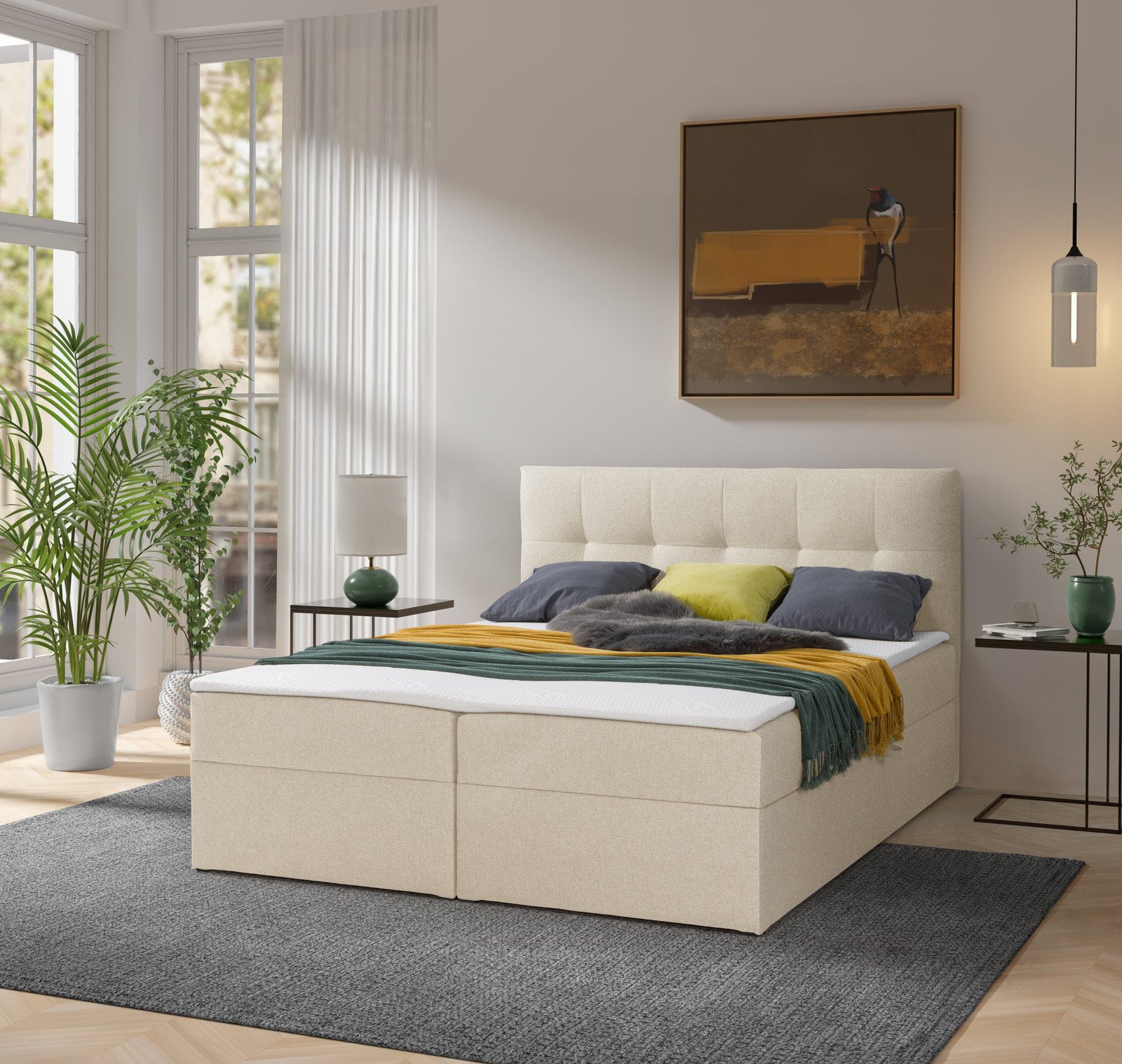 Łóżko kontynentalne Toronto 140200 (Herbi 45 - Kremowy) z materacem bonell i topperem