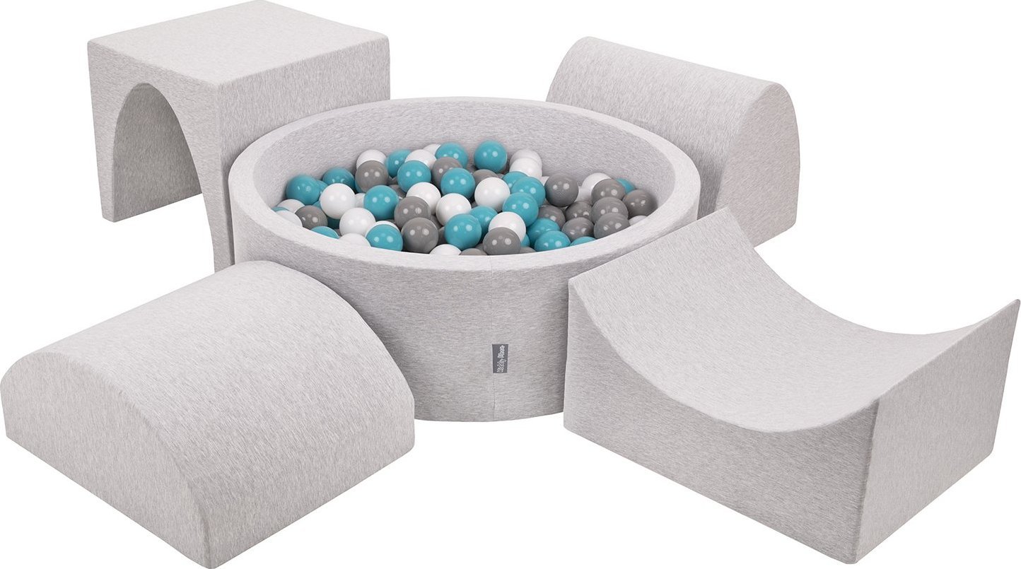 KiddyMoon Piankowy plac zabaw PPZP-OK30D-135 z piłeczkami jasnoszary: szary-biały-turkus basen 300/górka/tunel/rampa L/półwałek L Zabawka plac zabaw