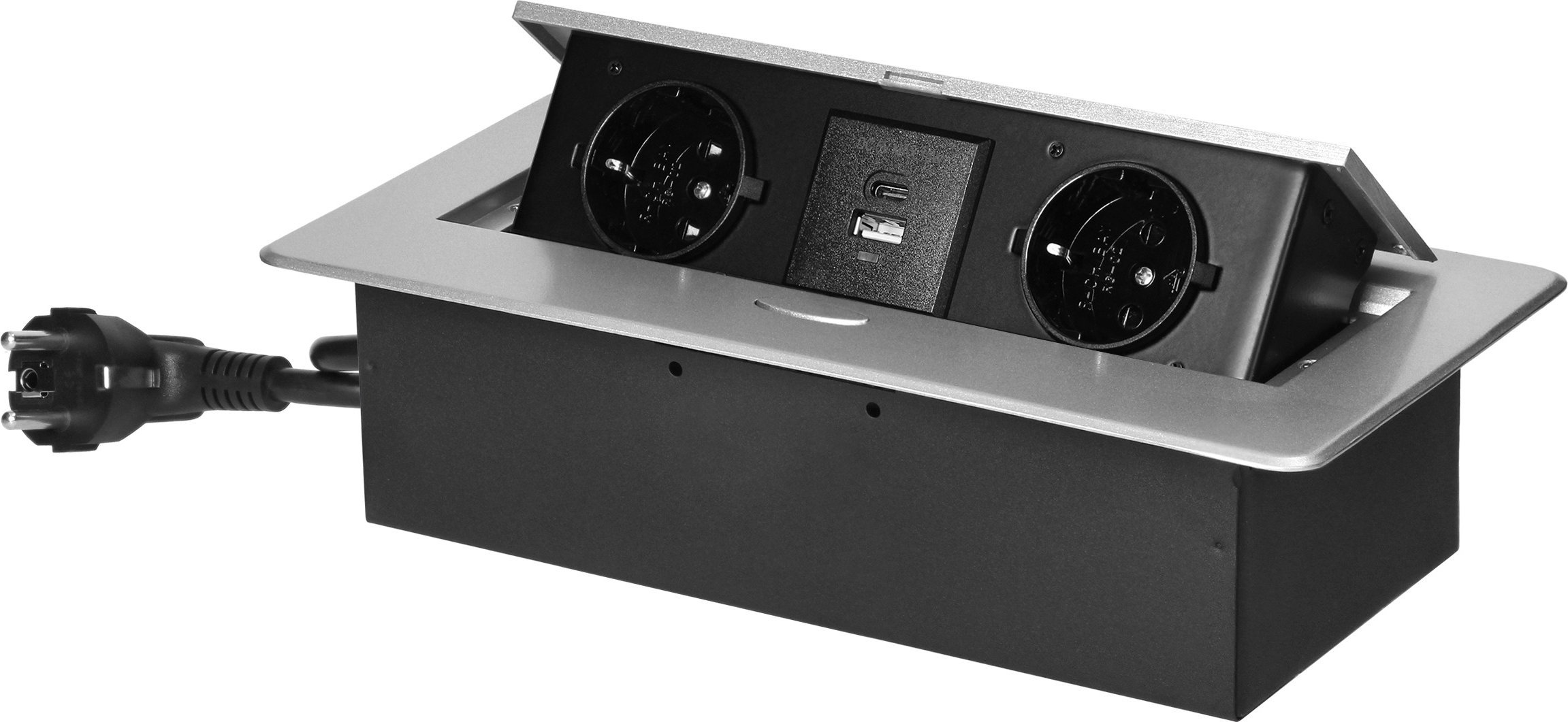 Orno Gniazdo meblowe wpuszczane w blat z płaskim frezowanym rantem, ładowarką USB i przewodem 1,5m, 2x2P+Z (Schuko), 2xUSB (typ A+C;3,6A), srebrne