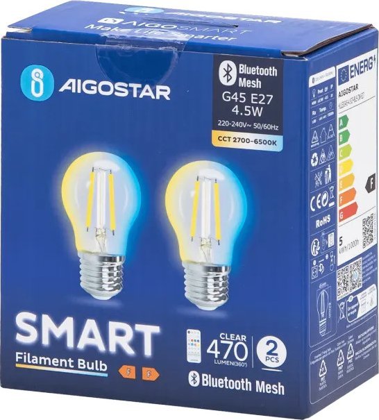 Aigostar Inteligentna żarówka Bluetooth Mesh G45 4.5W CCT 2 szt. Inteligentna żarówka Bluetooth Mesh G45 4.5W CCT 2 szt.