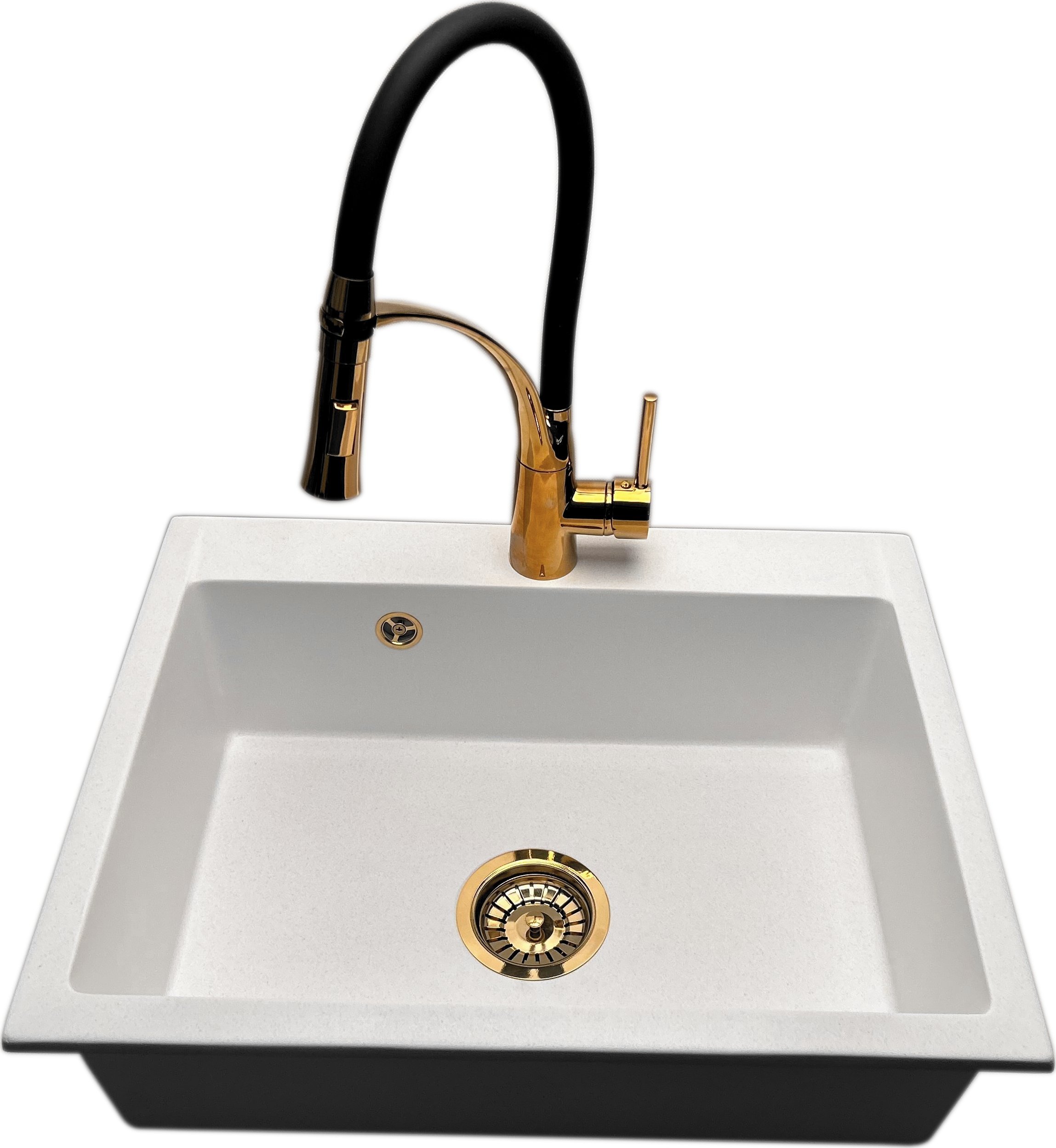 Zlewozmywak PREHNIT Zlewozmywak jednokomorowy ELAN biały + bateria NEXO złota