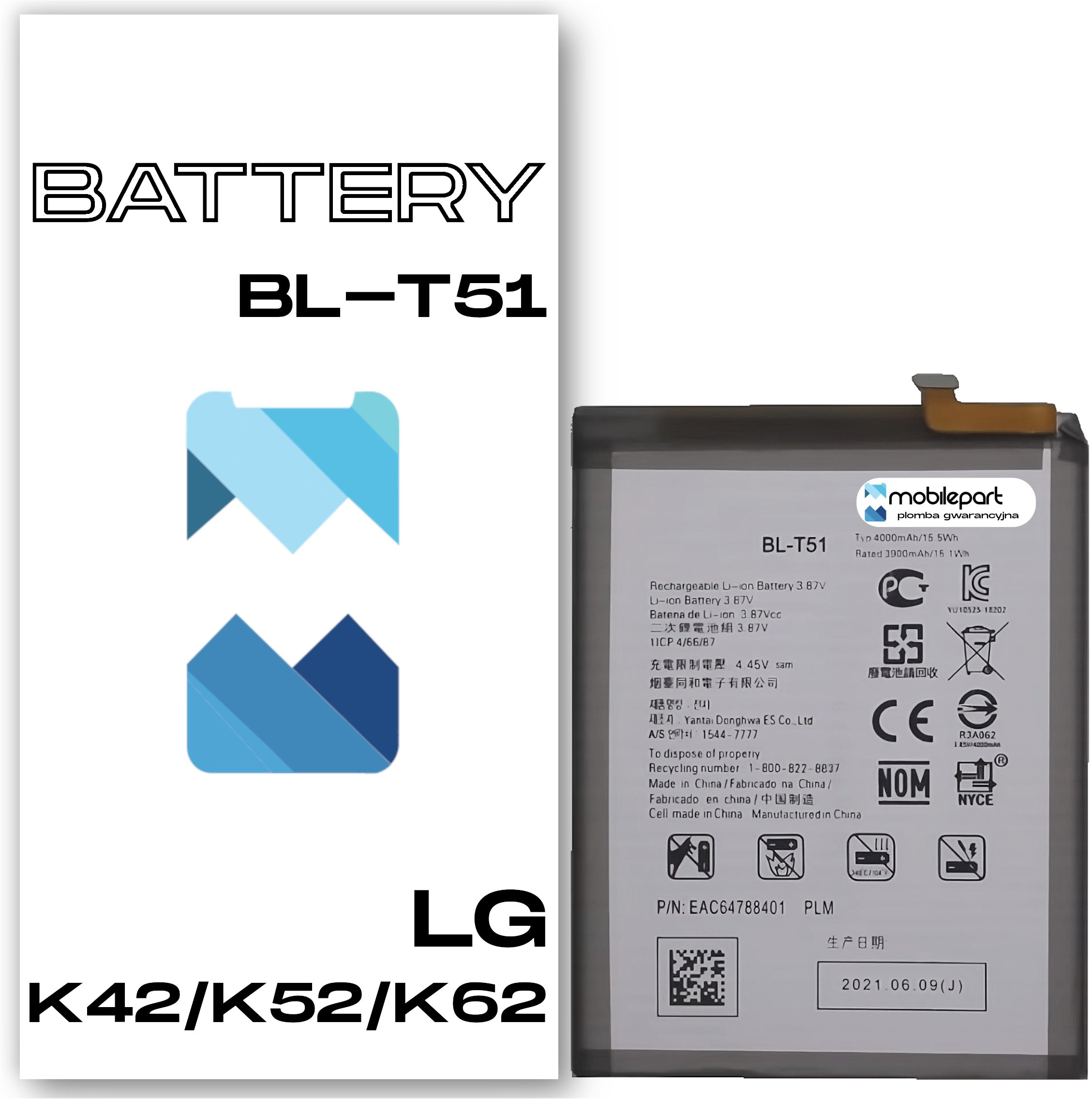 Bateria Mobilepart Bateria do LG K42 / K52 / K62 Nowy Akumulator BL-T51