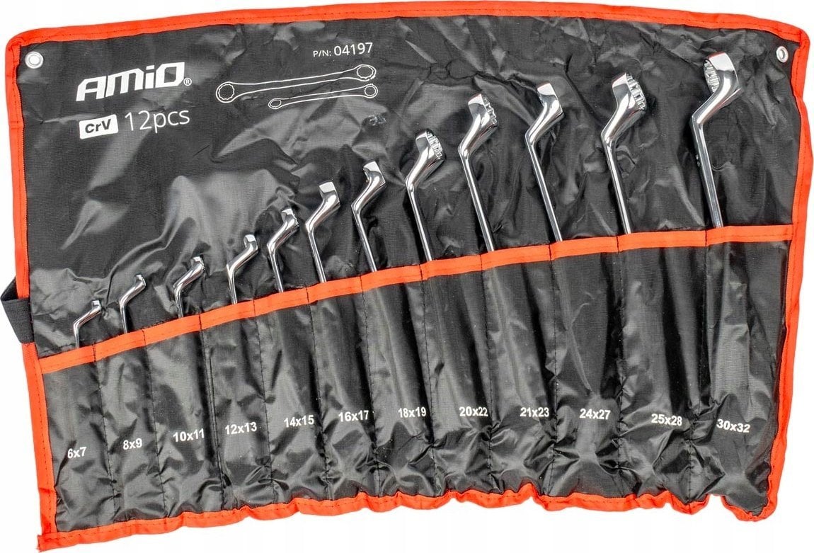 Klucze oczkowe odgięte zestaw kluczy odgiętych 6-32 mm 12 szt. amio-04197