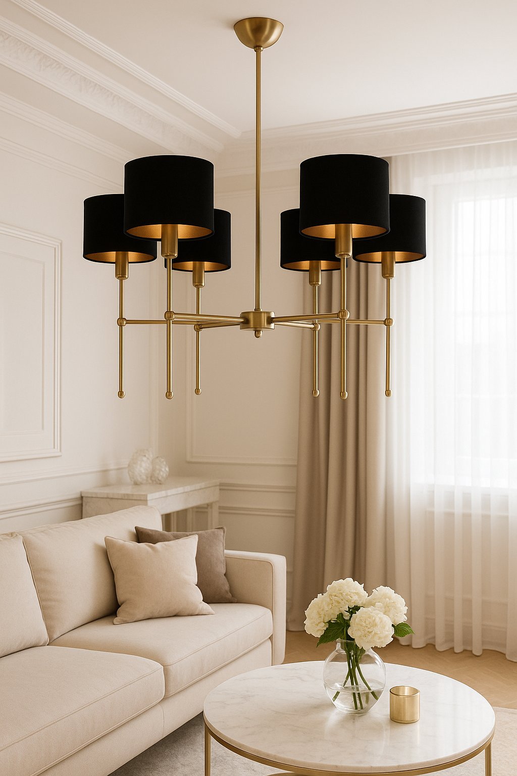 GLAMORO Ekskluzywna lampa sufitowa z mosiądzu - 6płomienna złoto i czerń w stylu glamour