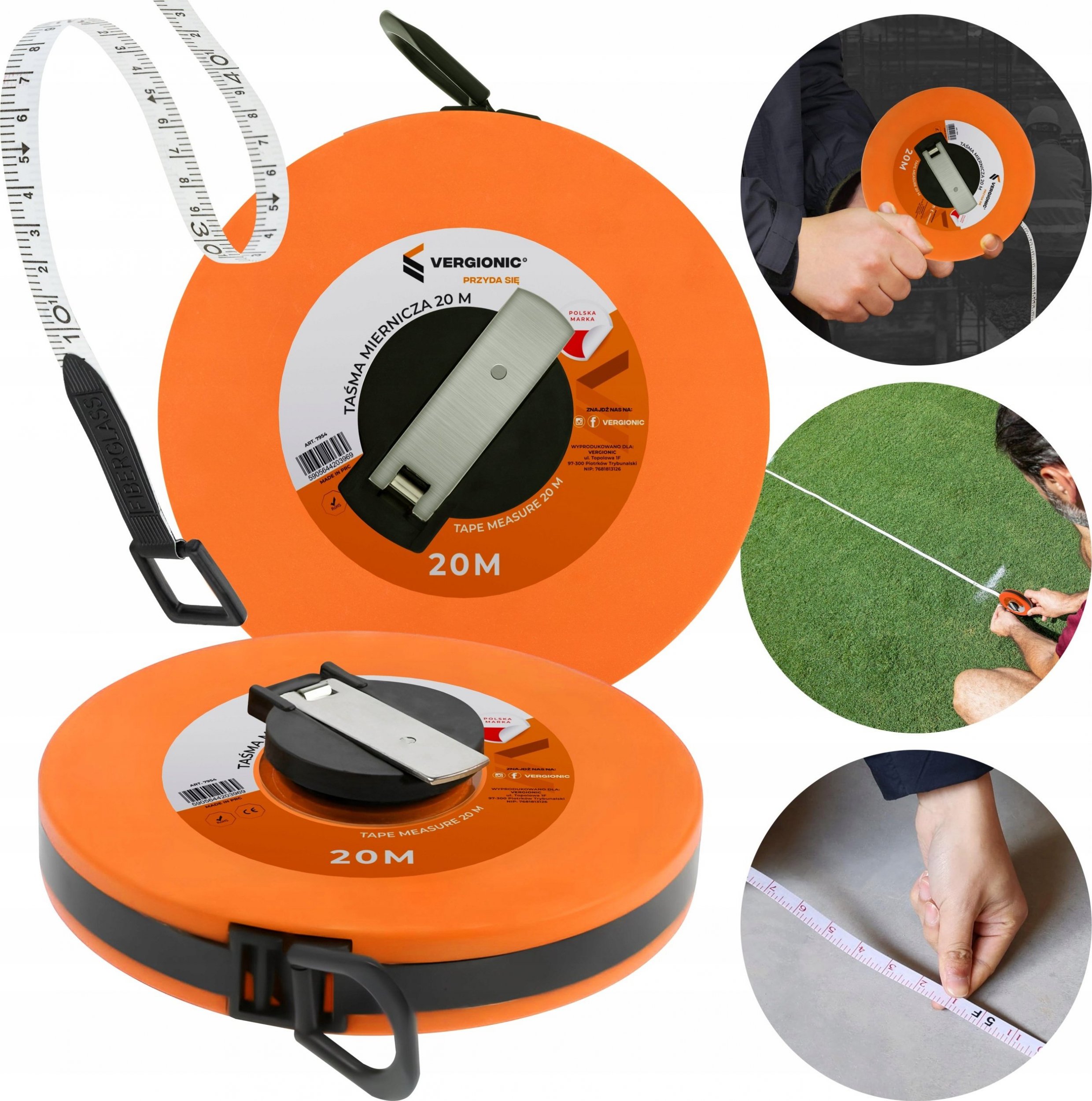 VERGIONIC TAŚMA MIERNICZA MIARA ZWIJANA BUDOWLANA UCHWYT POMIAROWA DO MIERZENIA 20m