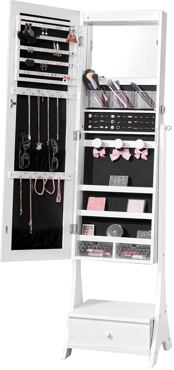 Biała Szafa na Biżuterię z Pełnowymiarowym Lustrem