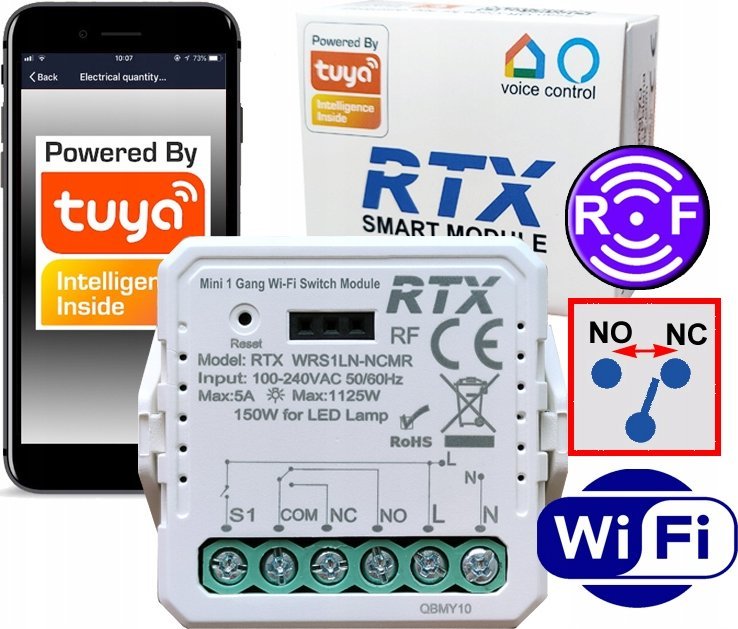 RTX Moduł BEZNAPIĘCIOWY NC NO MINI Przekaźnik Sterownik TUYA WiFi + RF