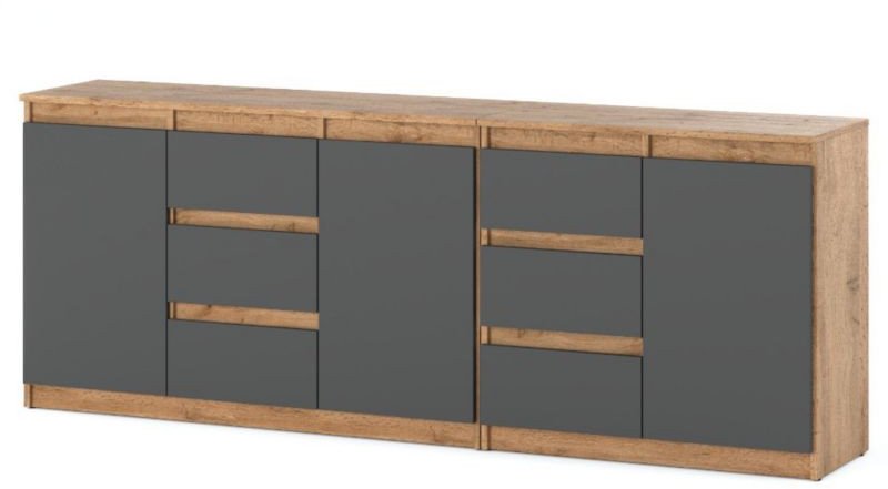 Komoda Nowoczesna Do Salonu Sypialni 6 Szuflad 200cm Dąb Wotan Szary Mat