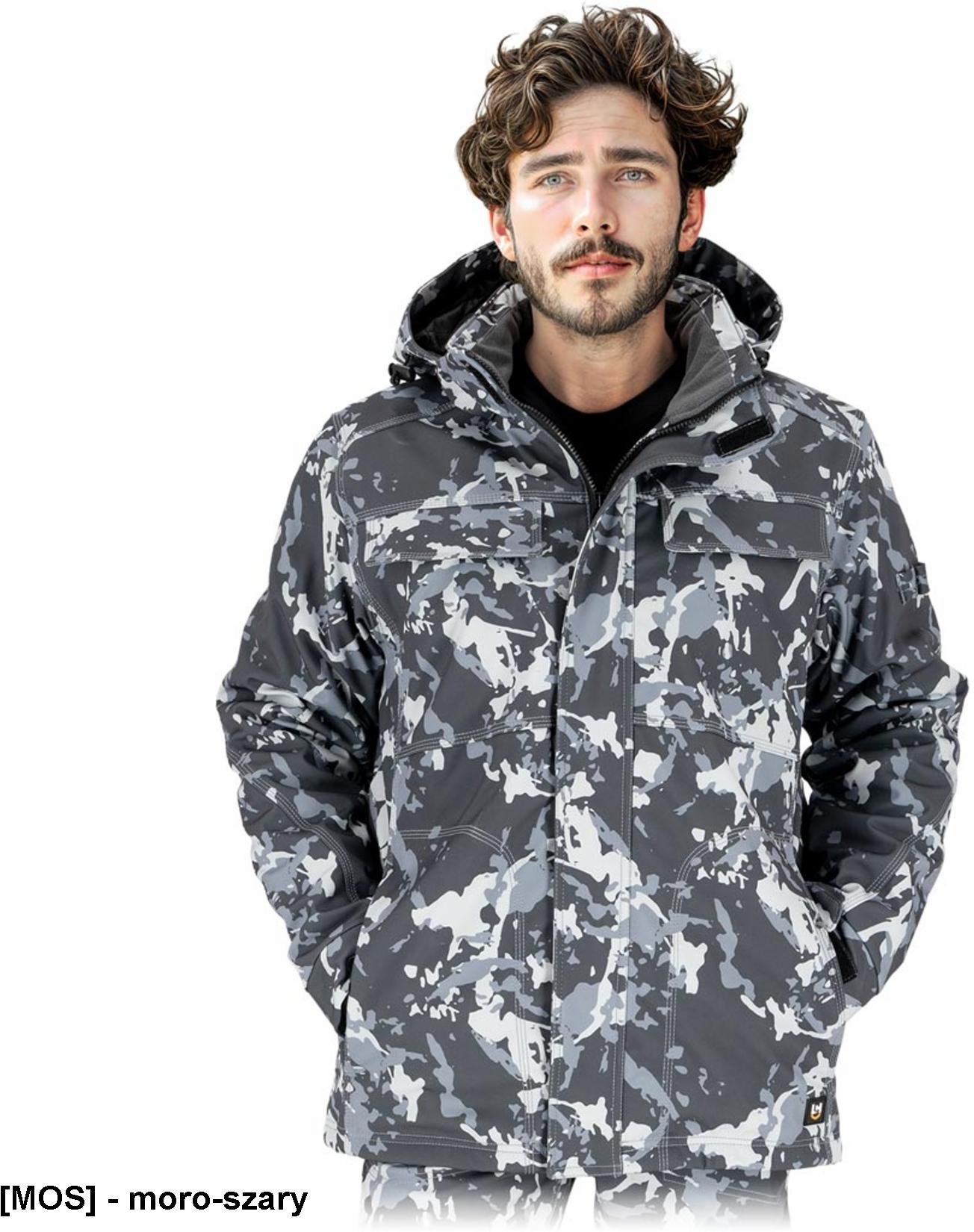 LH-ORKAN-J - męska kurtka ochronna stójka podszyty polarem dopinany kaptur softshell ocieplana wiatro i wodoodporna elastyczna z - moro-szary 3XL