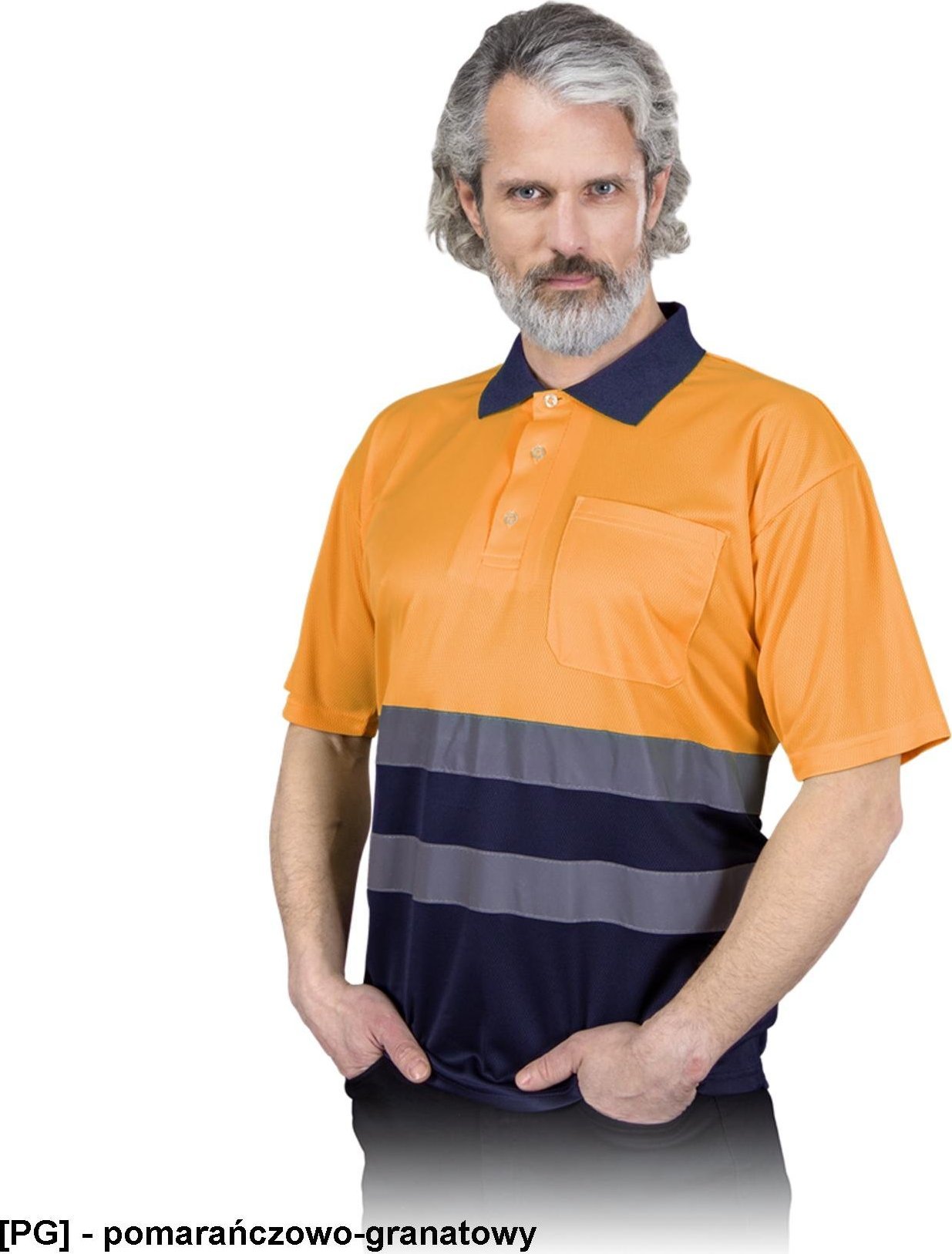 R.E.I.S. POLO-NEO - polo ostrzegawcze, krótki rękaw, szybkoschnąca oddychający materiał-siateczka, 100% poliester, 150 g/m - pomarańczowo-granatowy M