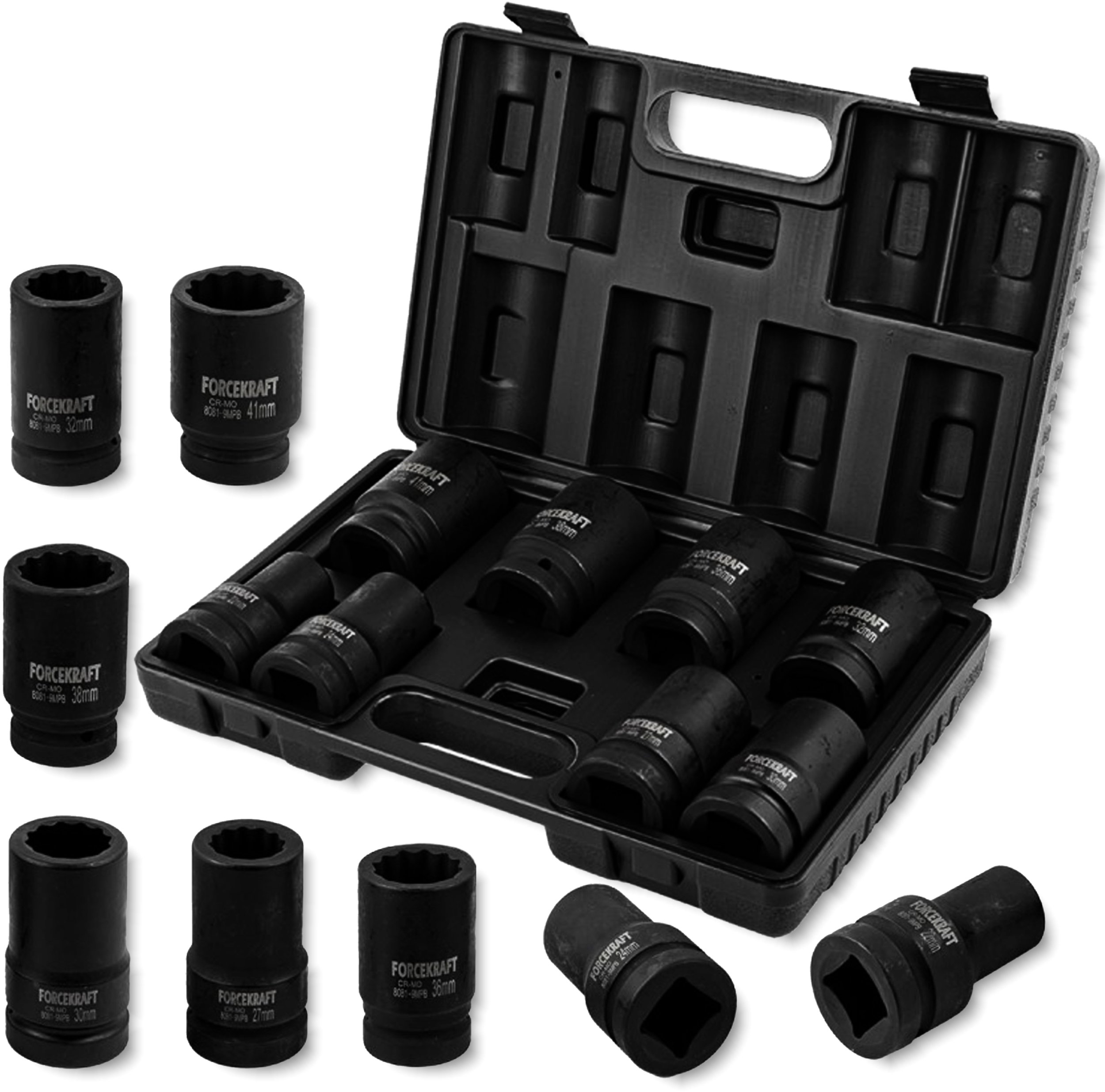 FORCEKRAFT Zestaw NASADEK udarowych GŁĘBOKICH 1" 9 ELEMENTÓW 12 i 4 kątnych