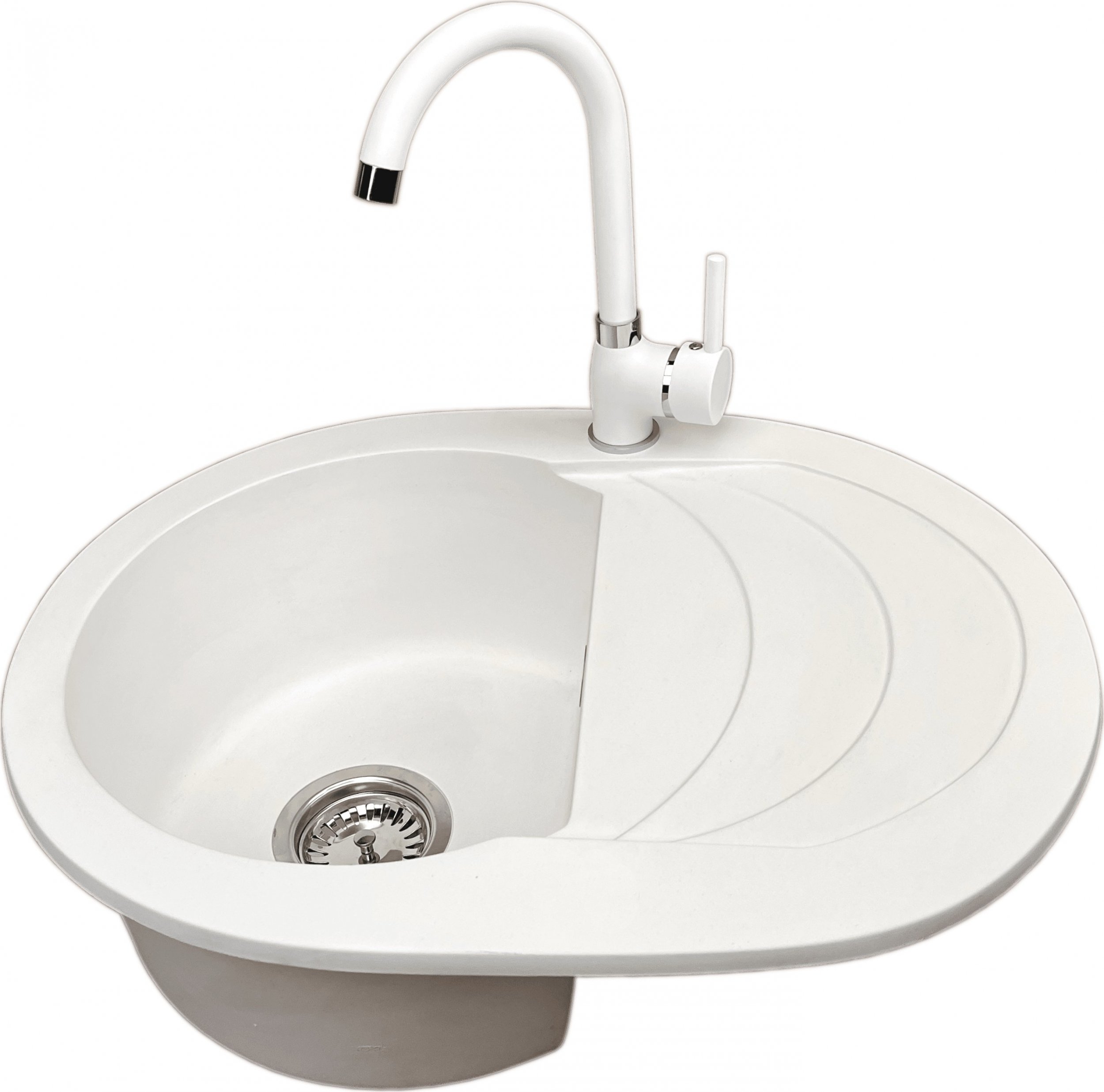 Zlewozmywak PREHNIT Zlewozmywak jednokomorowy z ociekaczem VIGOR biały z prawym ociekaczem + bateria NOON