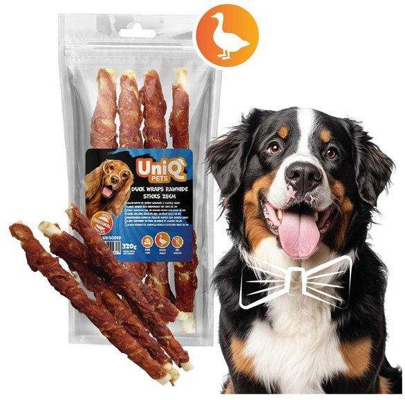 UNIQ PETS dog snacks 320g Długi patyk ze skóry wołowej z kaczką 28cm