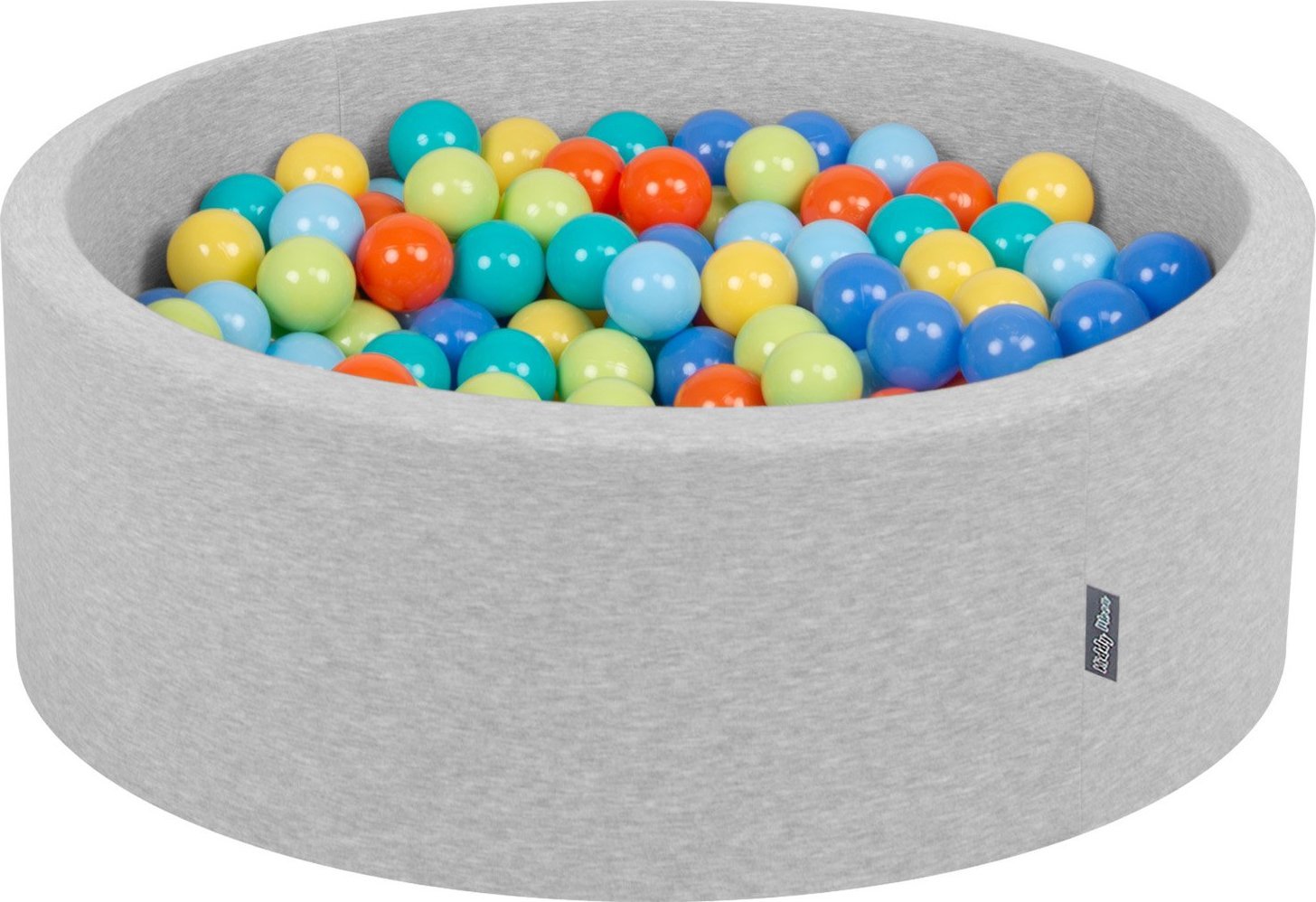 KiddyMoon KiddyMoon Suchy basen okrągły z piłeczkami 7cm jasnoszary: jasny zielony-pomarańcz-turkus-niebieski-babyblue-żółty 90x30cm/300piłek Zabawka