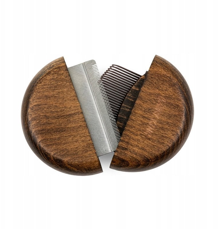 Ekskluzywny grzebie� 2 w 1, do wyczesywania pche� ze zgrzeb�em, okr�g�y, drewno bukowe, stal, plastik PP, �rednica 9,1cm