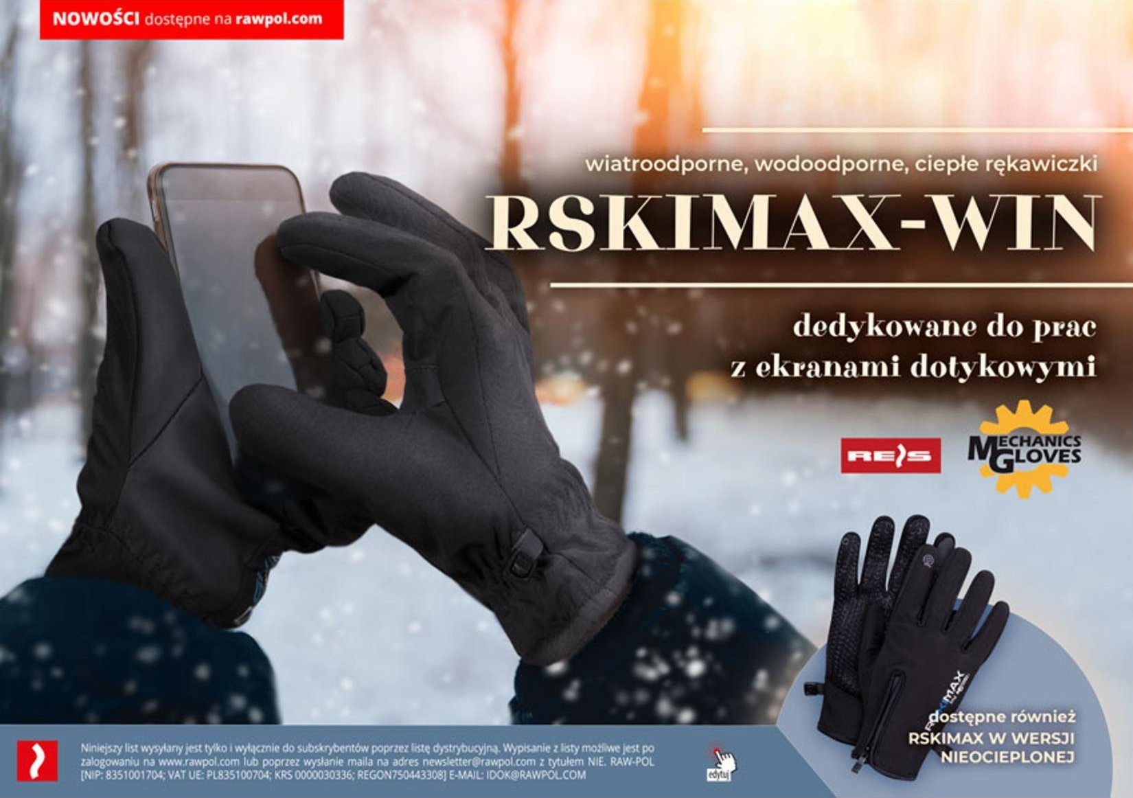 R.E.I.S. RSKIMAX-WIN - rękawice ochronne ocieplane tkaniną THINSULATE, doskonałe do prac z ekranami dotykowymi XL