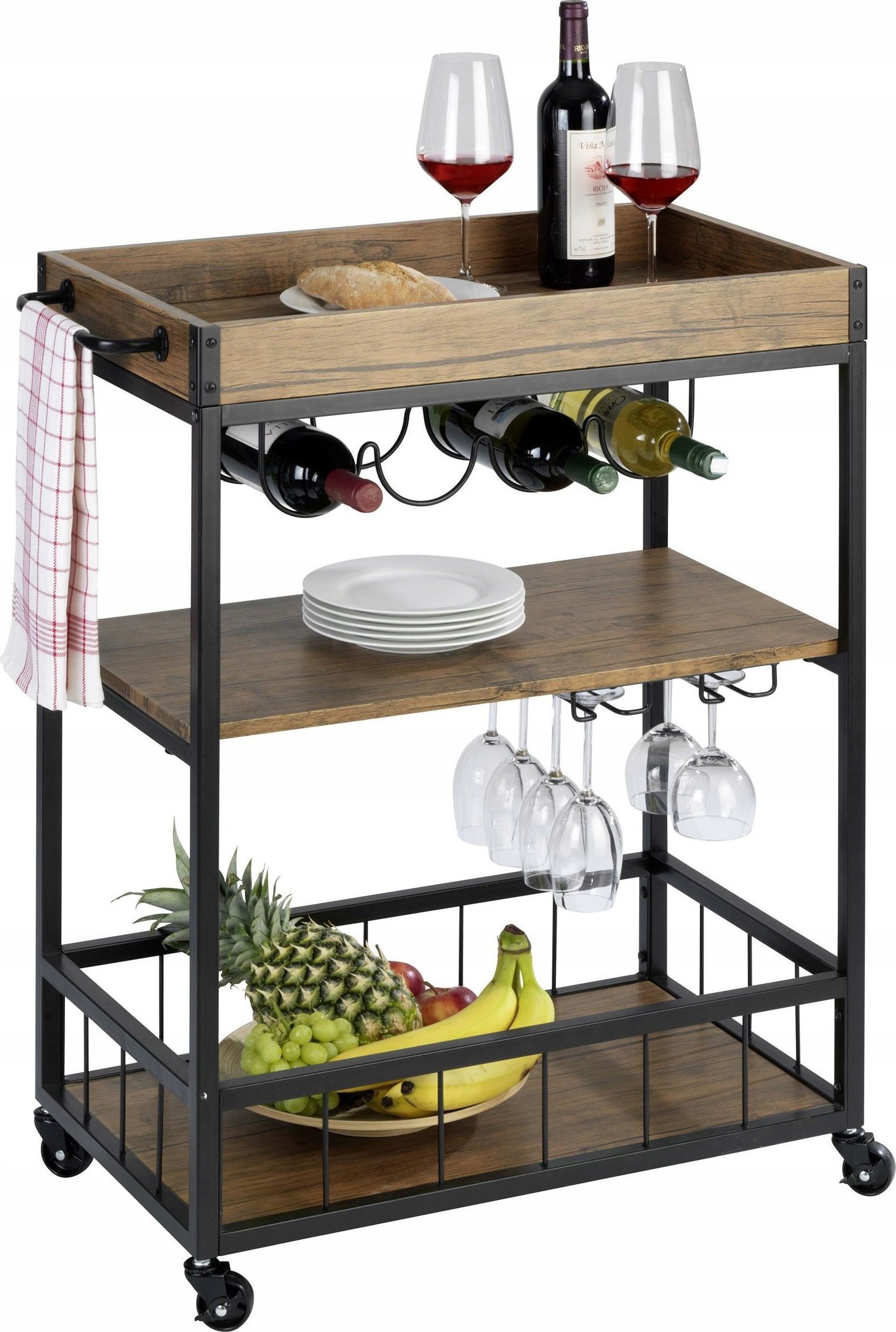 Wenko Wózek kuchenny Rustico, kolor drewna orzechowego, uchwyt na butelki, 3 poziomowy, z 4 kółkami i hamulcem postojowym, marka WENKO