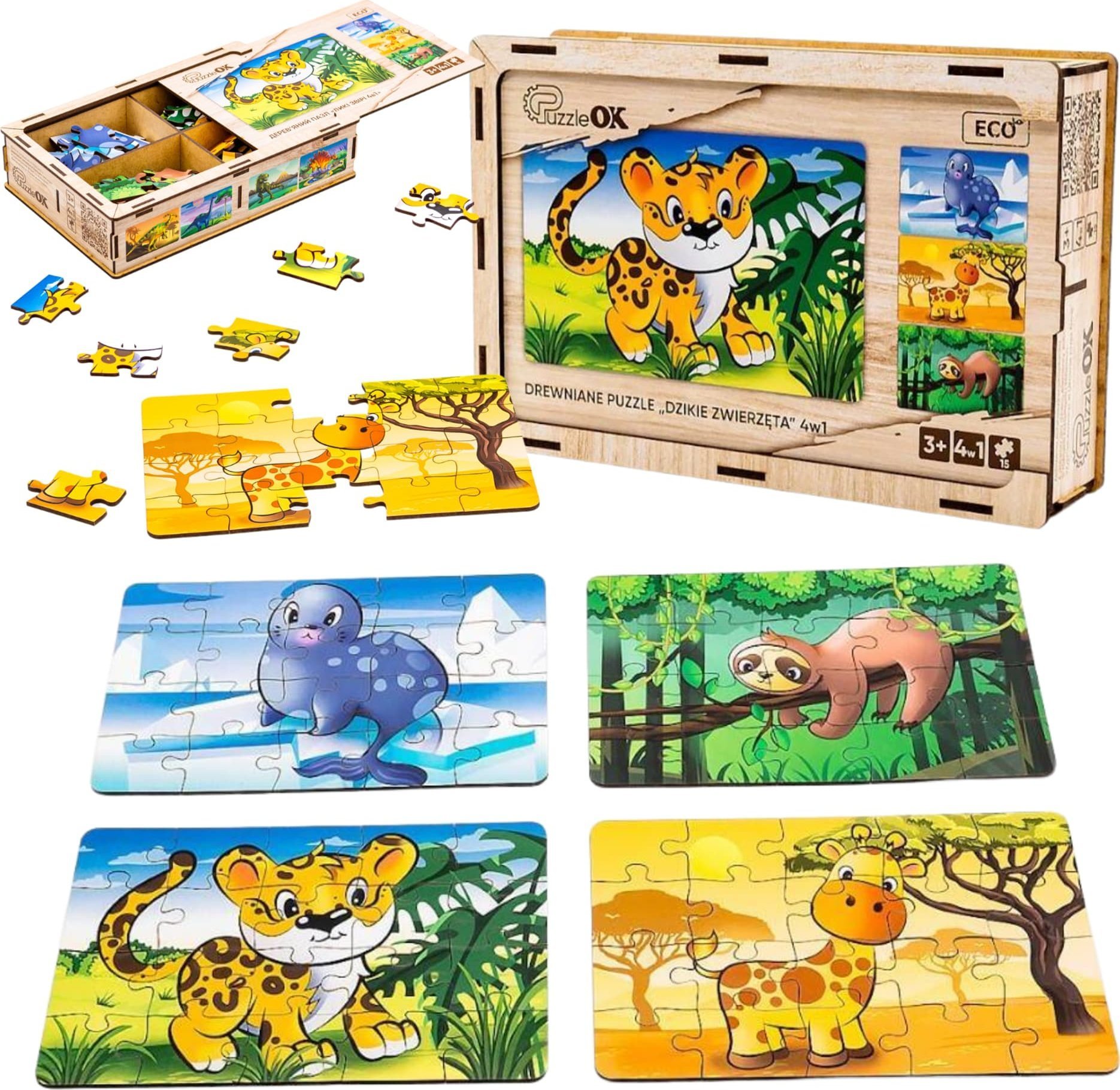 PuzzleOK Drewniane Puzzle 4w1 Dzikie Zwierzęta Układanka Zestaw Żyrafa Leniwiec