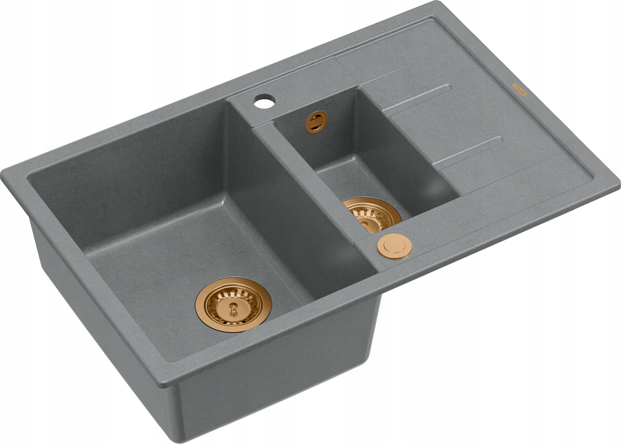 Zlewozmywak GraniteQ MORGAN 156 GraniteQ zlewozmywak silver stone z syfonem Push To Open okrągły 1,5-komorowy z/o / elementy miedziane