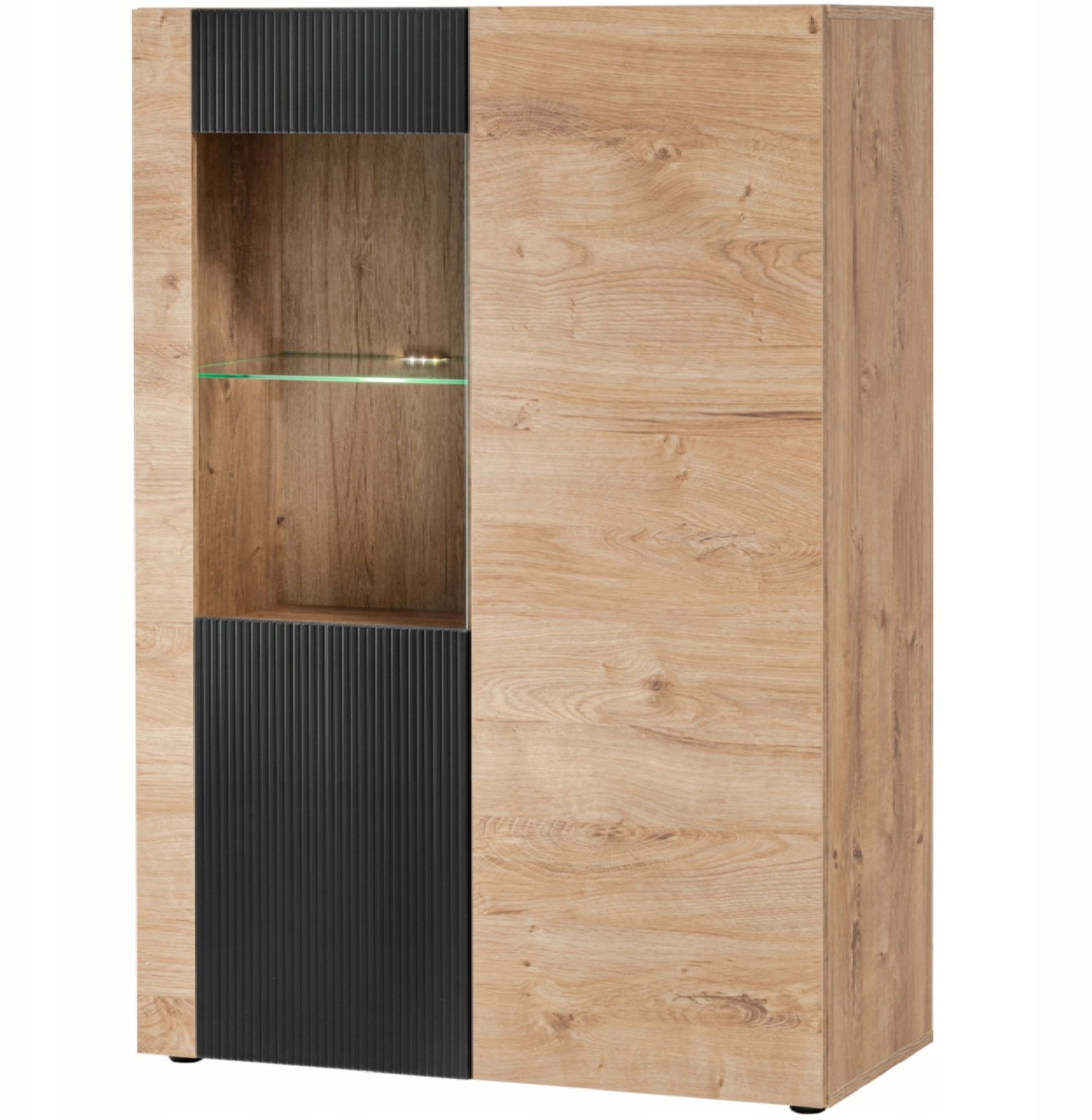 Niska WITRYNA ARON - Przeszklona + Oświetlenie LED |Dąb + Czarny Ryflowany