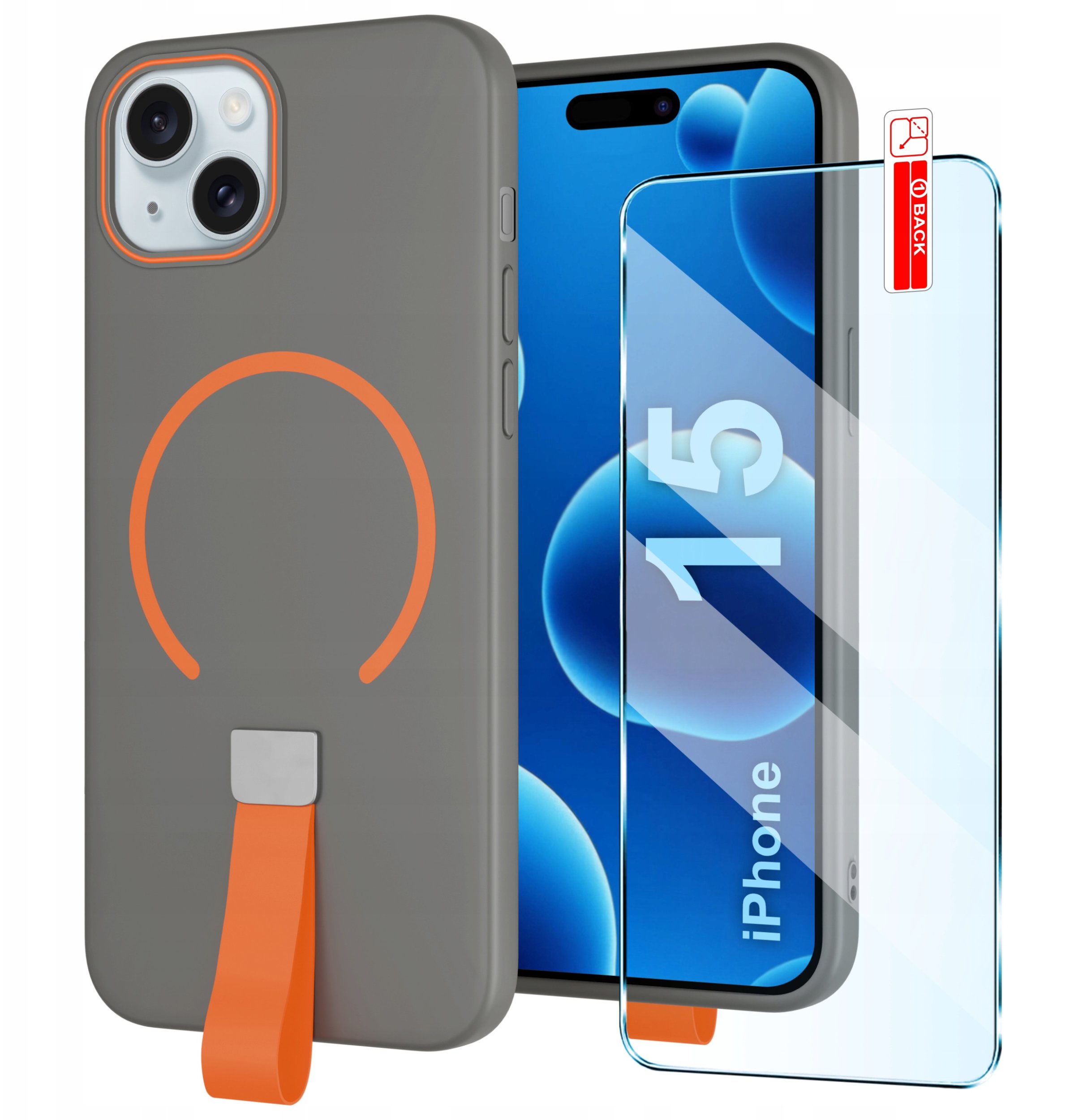 krainaGSM Etui z Paskiem na palec Matowe SZARE do iPhone 15 | do MagSafe +Szkło