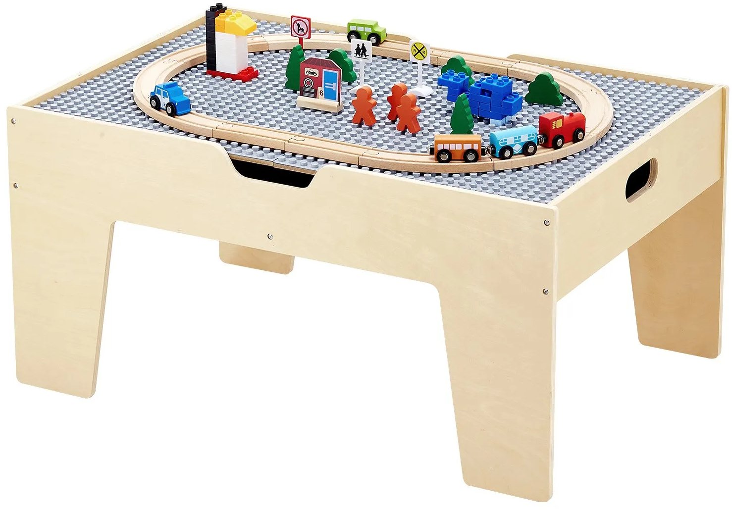 Stolik edukacyjny dla dzieci z klockami i torami drewnianymi, 3+