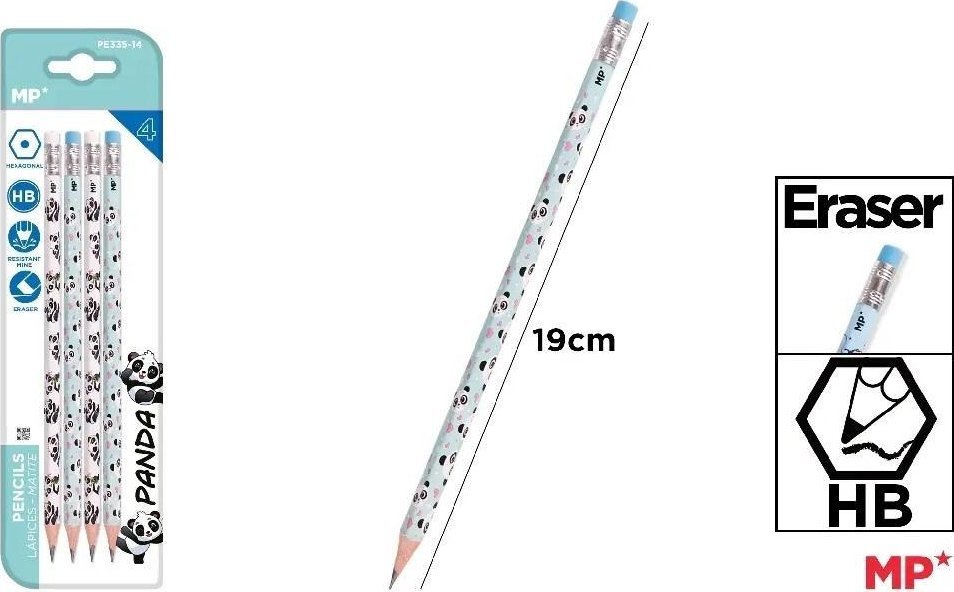 Ołówek z gumką HB 4szt Panda