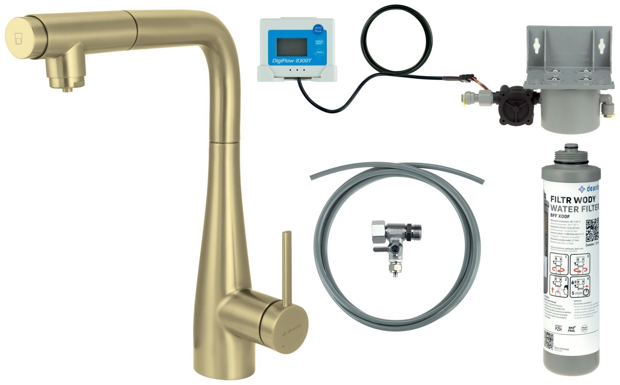 Deante Bateria kuchenna z zestawem do filtracji wody z wyciąganą wylewką