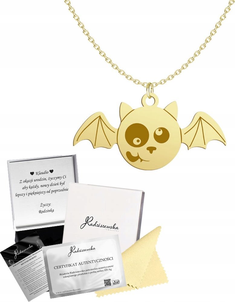 Radziszewska Jewellery Złoty Naszyjnik Halloween Nietoperz Łańcuszek 925 Prezent ŻYCZENIA GRATIS