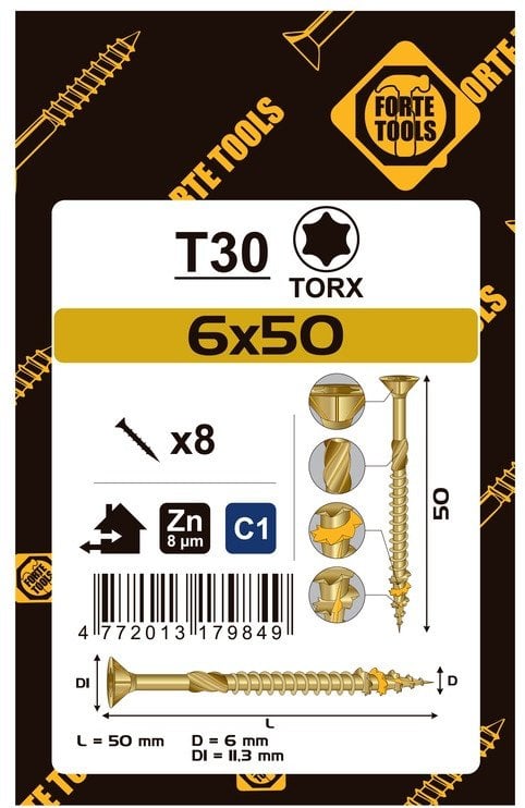 CHIPBOARD SCR T30 6.0X50 YELL ZN8PCS