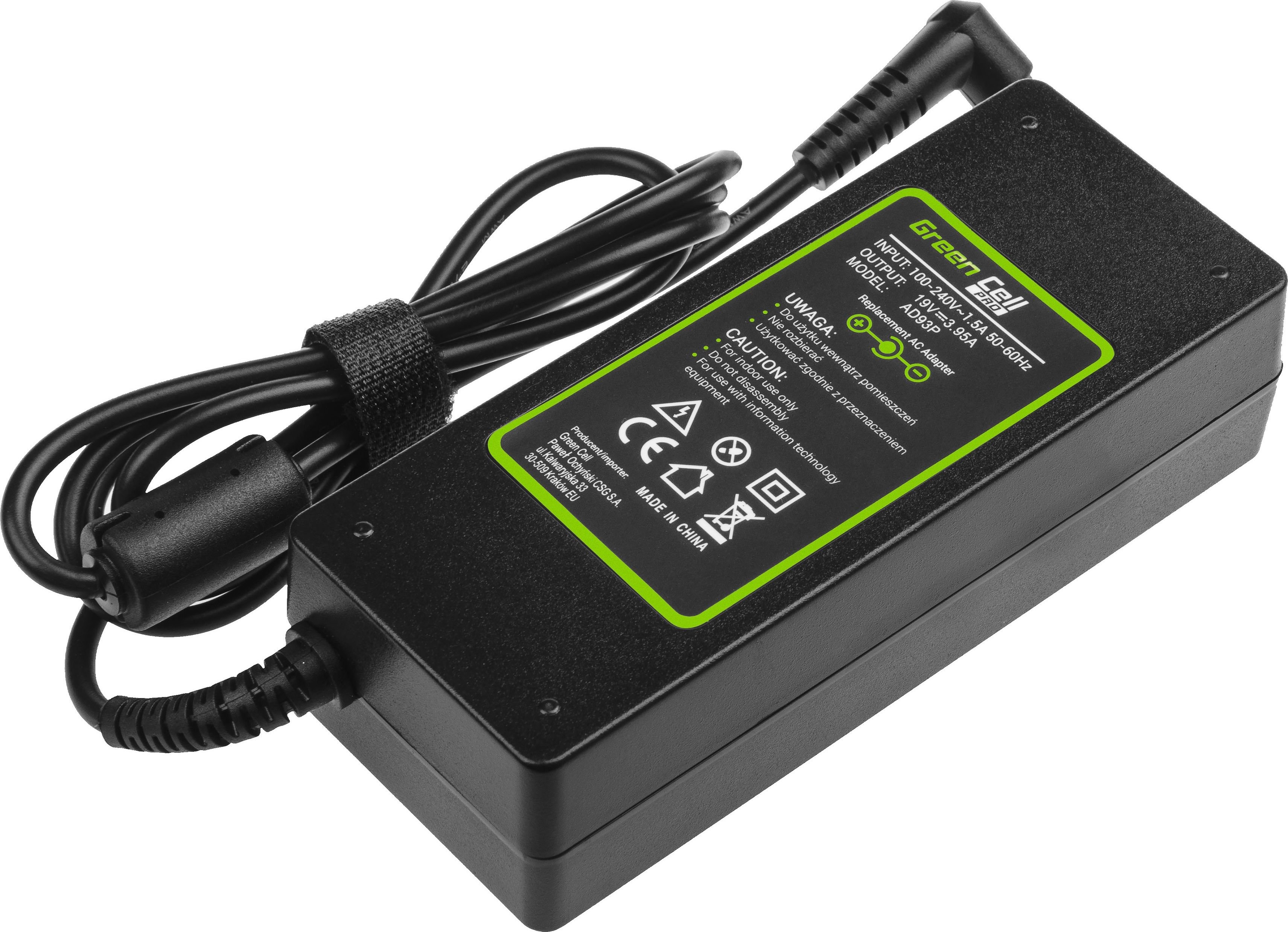 Zasilacz do laptopa Green Cell 75 W, 1.7 mm, 4 A, 19 V (AD93P)