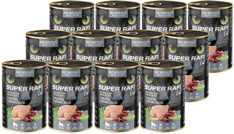 Karma mokra dla kotów sterylizowanych Super Rafi Cat z perliczką i sercami z kaczki 12 x 400 g