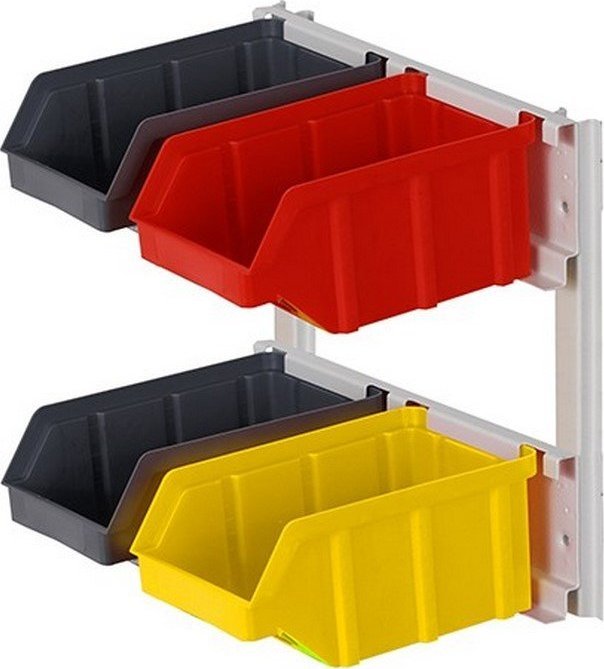 qBox Wieszak do zawieszania pojemników warsztatowych, wym. wieszaka 356 x 307 mm - 4 pojemniki (Pojemniki z pojemnikami)