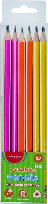 Keyroad Ołówek Drewniany Z Gumką Keyroad, Hb, Trójkątny, Neonowy, 12 Szt., Plastikowe Pudełko