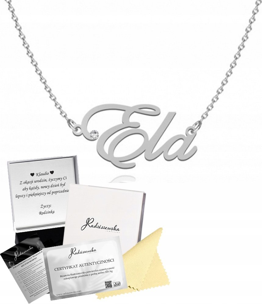 Radziszewska Jewellery NASZYJNIK SREBRNY ELA IMIĘ ŁAŃCUSZEK PREZENT BIŻUTERIA ŻYCZENIA GRATIS