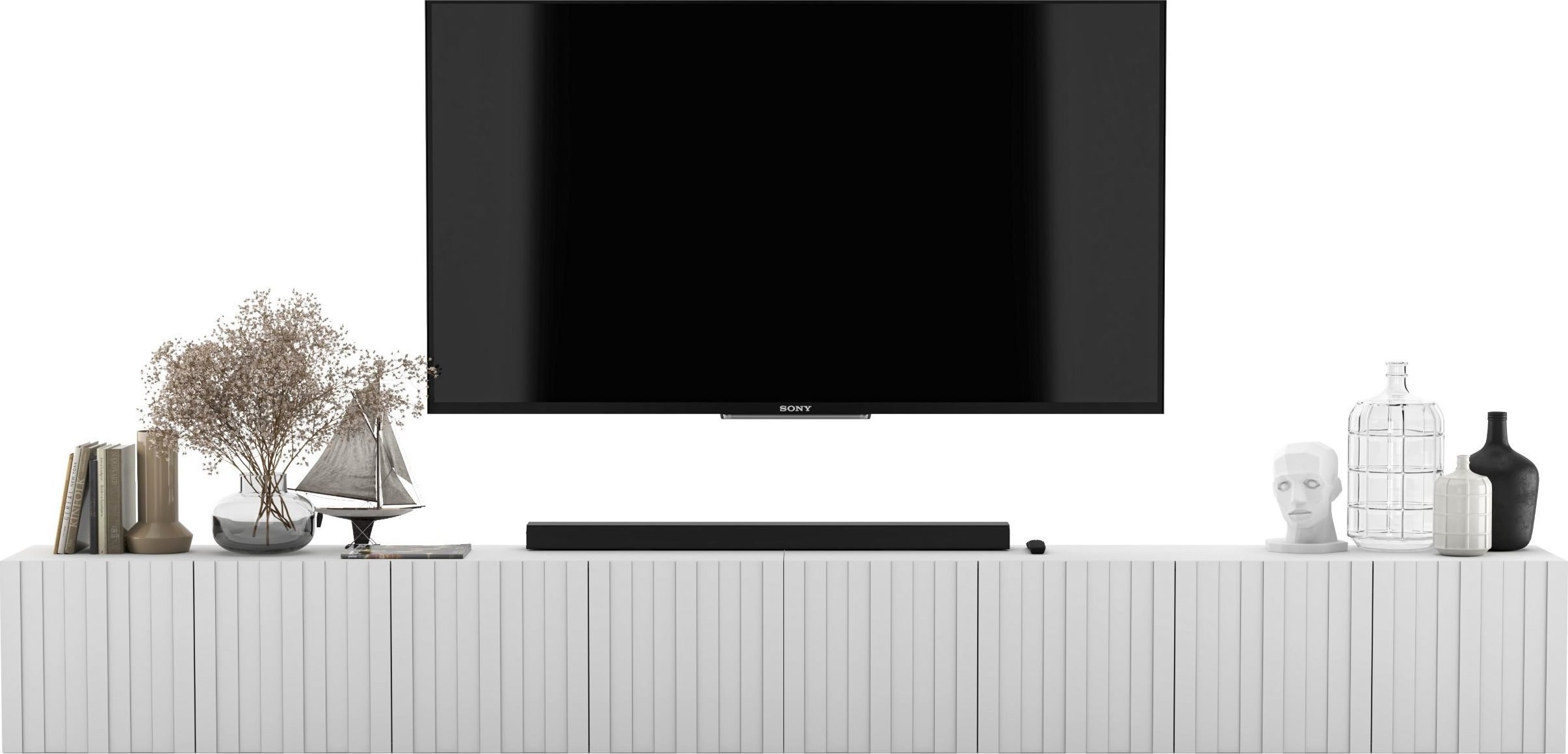 Meble Lindner Wisząca Szafka RTV Glamour Meble Lindner Nowoczesna Komoda RTV 300 cm Biały MAT