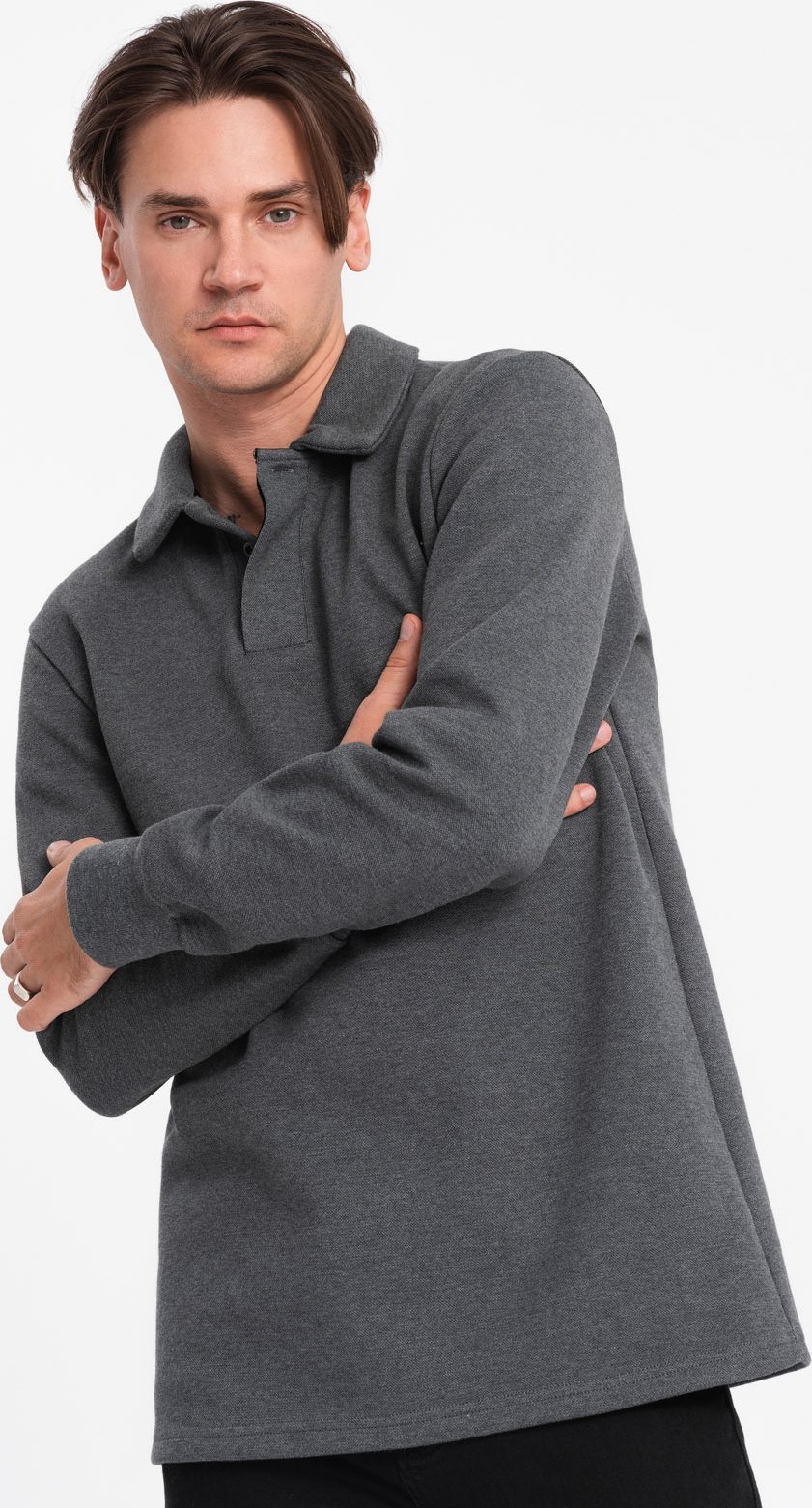 Ombre Bluza męska z kołnierzykiem polo ze strukturalnej dzianiny - grafitowy melanż V1 OM-SSNZ-0149 S