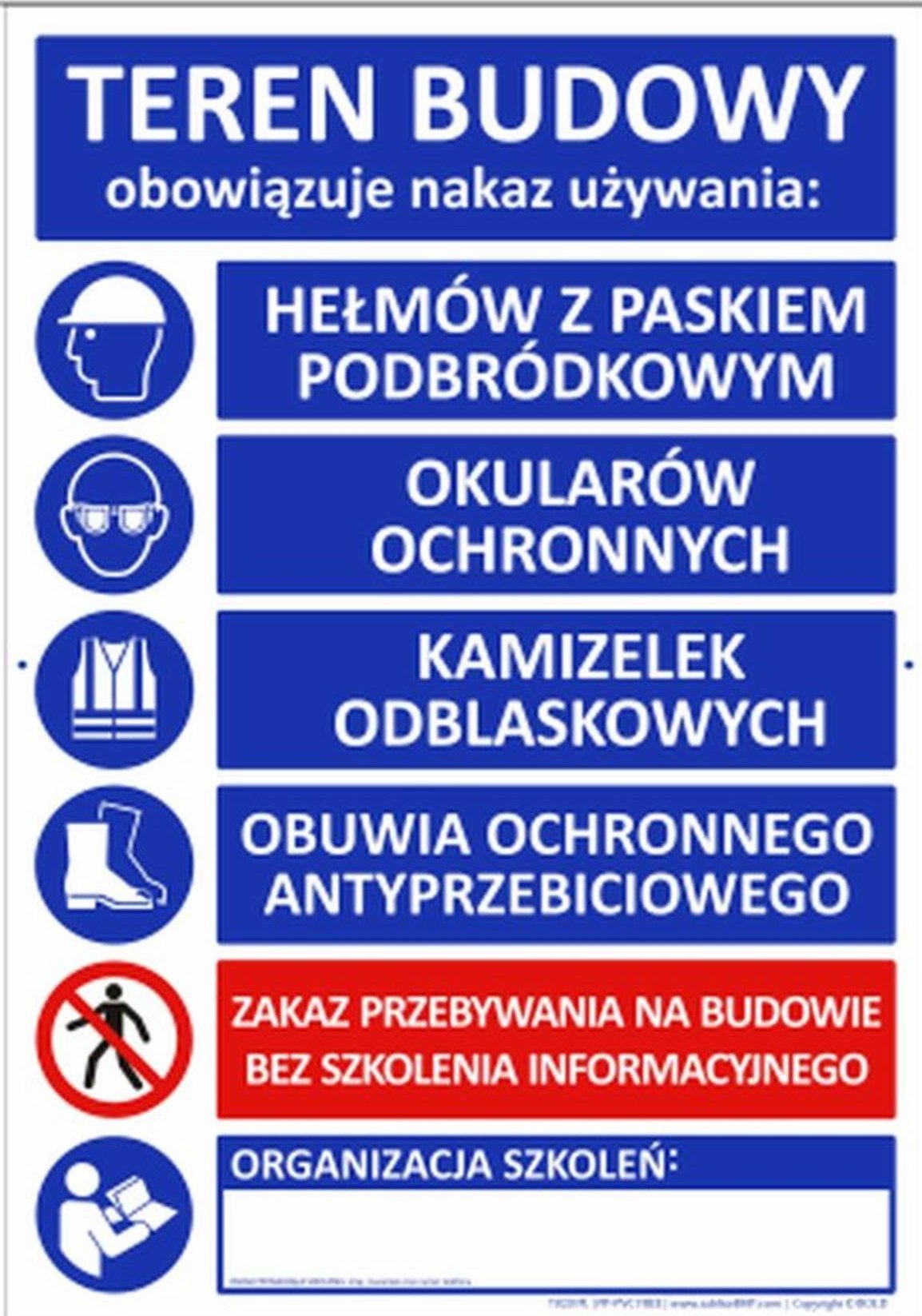 Bopl T020 PL - Teren Budowy, informacja o obowiązkach i zagrożeniach na oznakowanym terenie, płyta wodoodporna 3mm, -20 do 90C