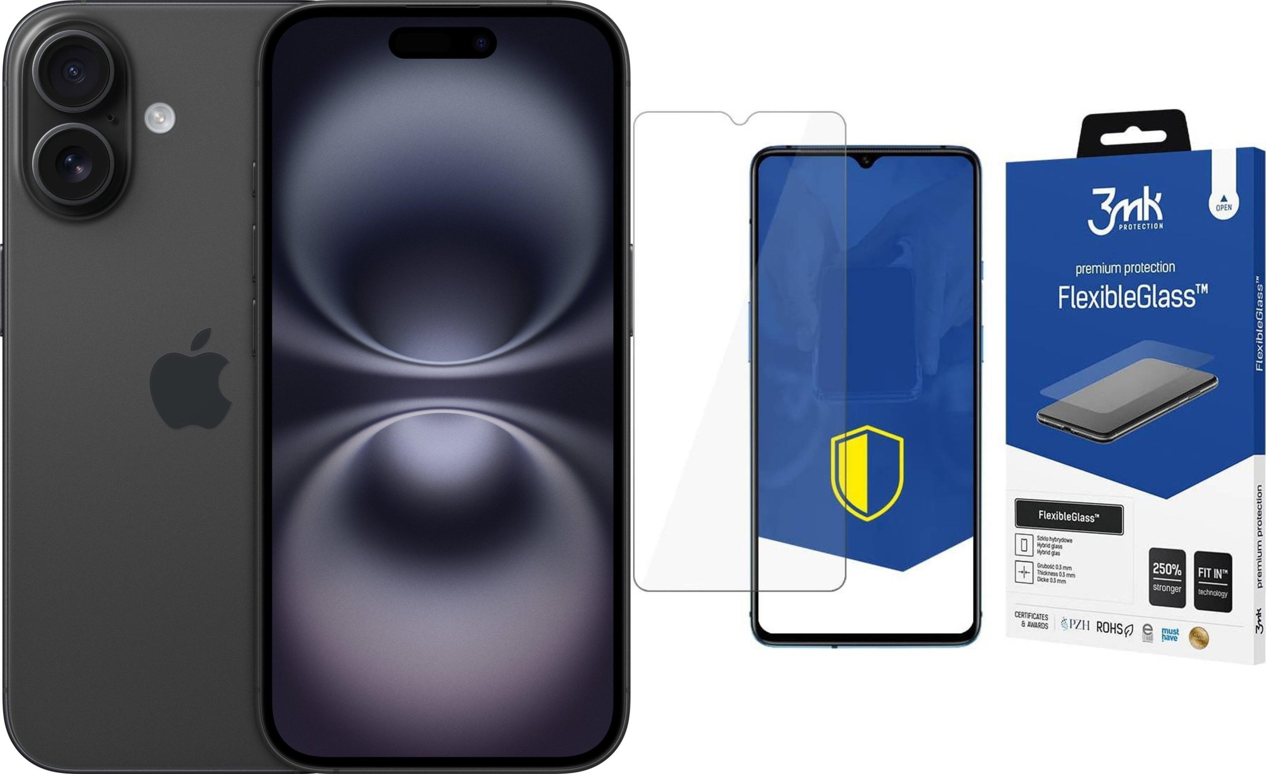 Smartfon Apple iPhone 16 128GB Black (MYE73) + FlexibleGlass