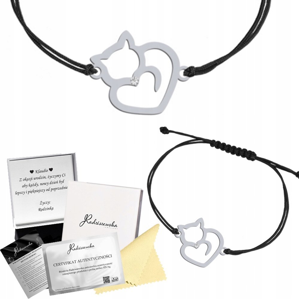 Radziszewska Jewellery BRANSOLETKA SREBRNA KOTEK SZNUREK SREBRO 925 PREZENT ŻYCZENIA GRATIS