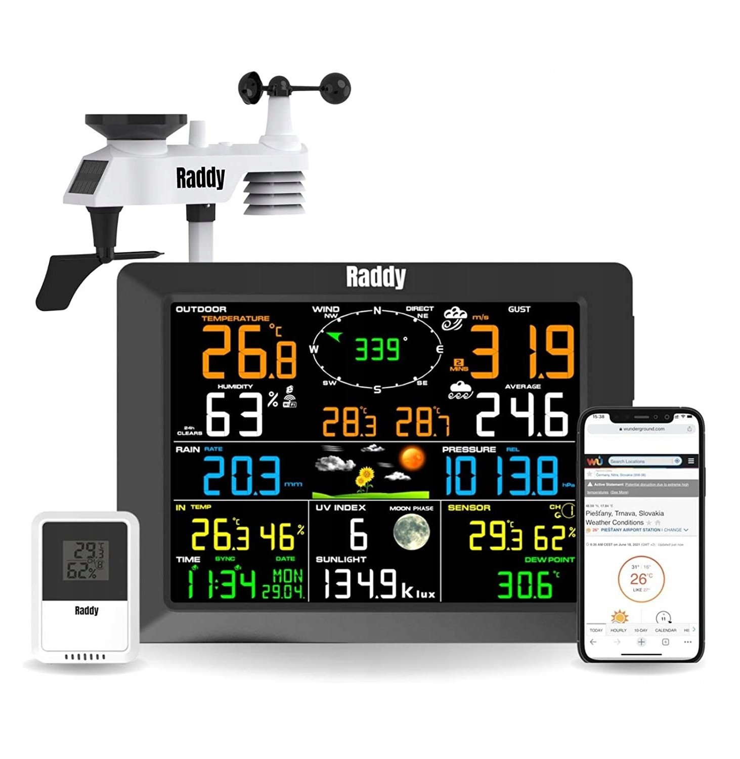 Raddy WF-100C stacja pogodowa 14w1 Wi-Fi solarna ekran 8'' nowa