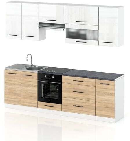 Meble Kuchenne Nowoczesna Kuchnia Marocco 2.6m Biały Połysk Dąb Sonoma