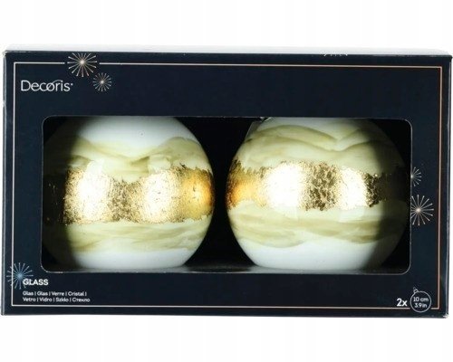 Bombki choinkowe szklane 10 cm białe ze złotym pasem zestaw 2 sztuki