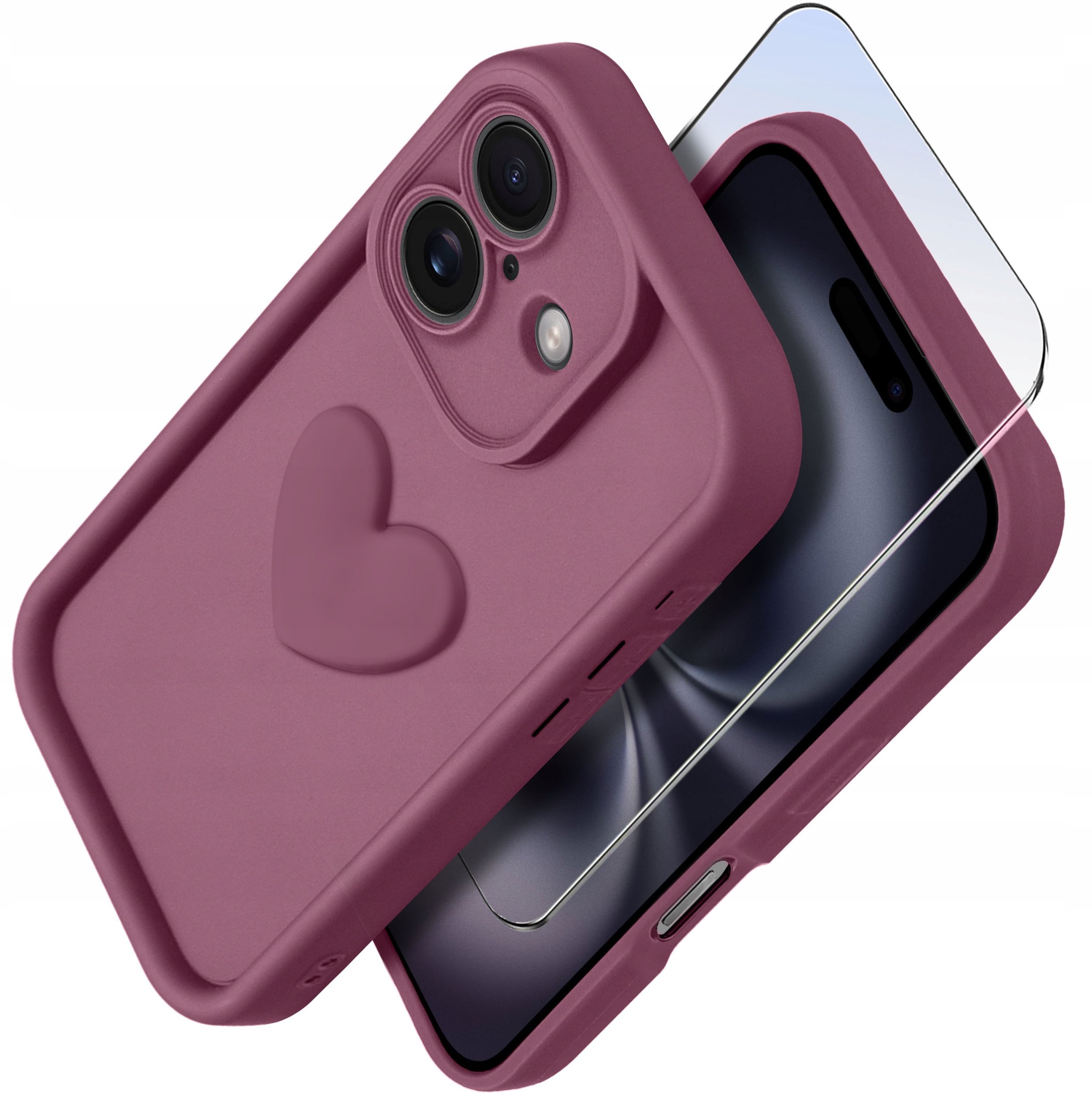 Etui do iPhone 16 silikonowe MATOWE serce + Szkło ochronne na ekran 9H