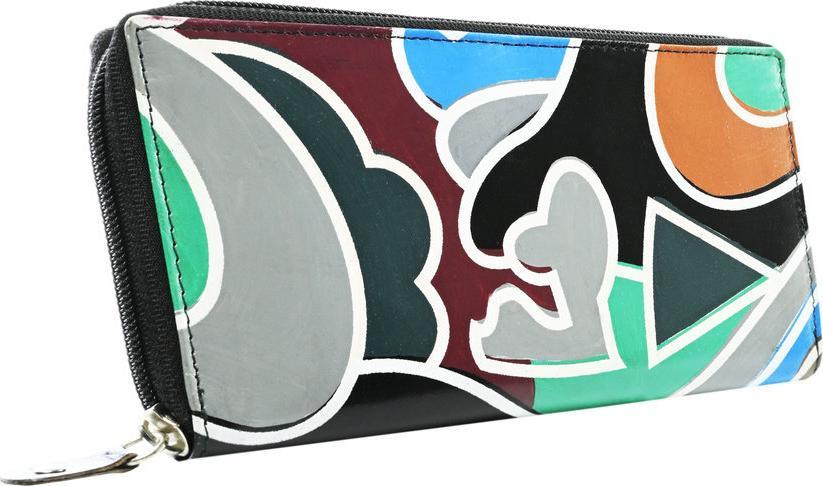 Portfel damski w typie piórnika ze zdobioną fakturą, skóra naturalna NoSize