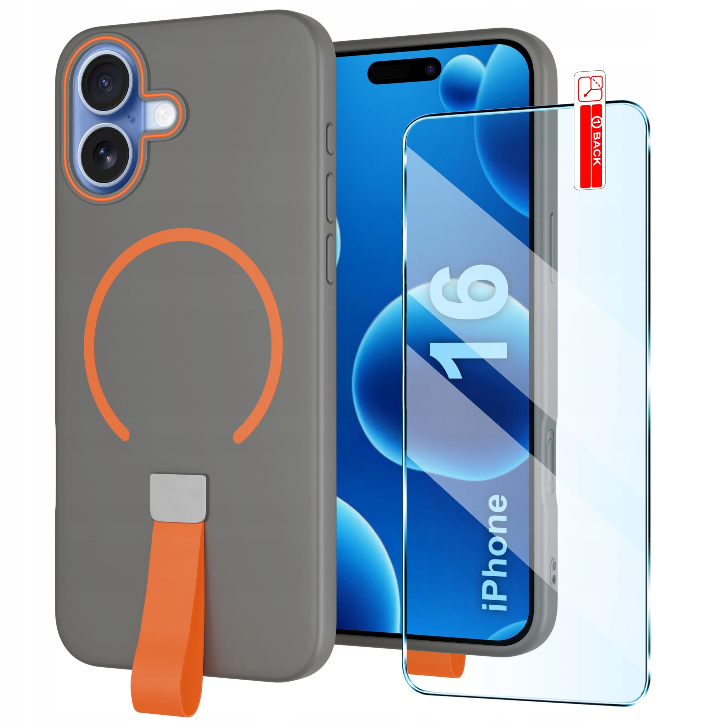 Etui z Paskiem na palec Matowe SZARE do iPhone 16 |do MagSafe +Szkło