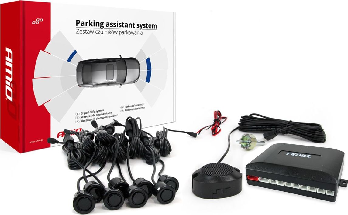 AMiO Zestaw czujników parkowania cofania buzzer 8 sensorów czarne "gold" 18mm