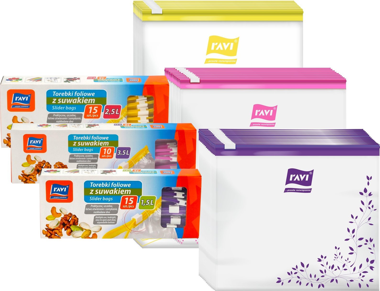 Ravi TOREBKI FOLIOWE Z SUWAKIEM ŻYWNOŚĆ LUNCH MROŻONKI 40SZT 1,5L + 2,5L + 3,5L